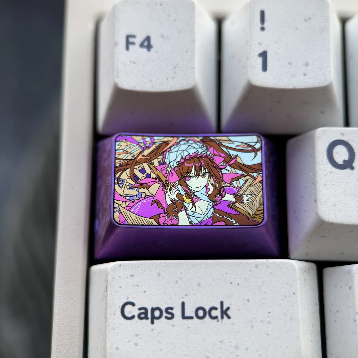 Exclusive Kurumi Tokisaki Titanium artisan keycap for keyboards, showcasing intricate anime art and gothic elegance on a sleek, durable surface.