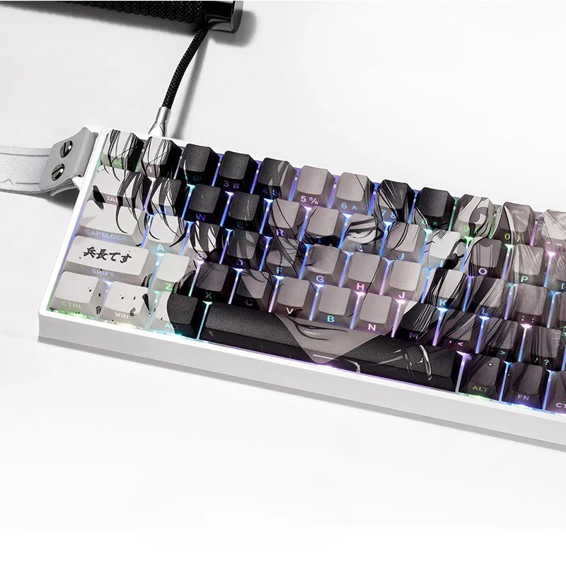 Close-up of the Levi Ackerman PBT side-engraved keycaps set, showcasing their unique luminous side-legends and dark, heroic Attack on Titan aesthetic.