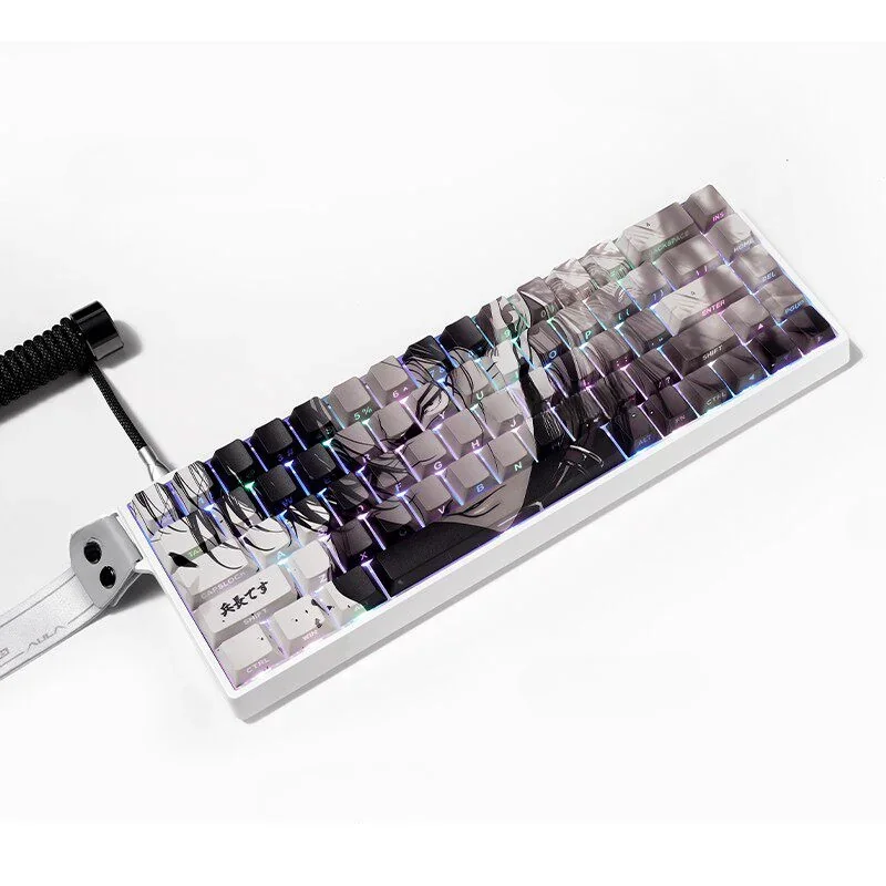 Heroic Levi Ackerman PBT side-engraved keycaps set, showcasing luminous side-legends against a dark, premium Attack on Titan aesthetic, perfect for fans.