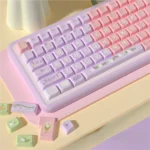 Lily Valley MDA PBT keycaps set: delicate white lily of the valley flowers from multiple angles on a tranquil background, perfect for elegant keyboards.