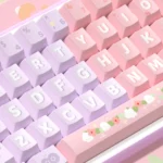 Enchanting Dye-Sub PBT Lily of the Valley keycaps set, showcasing delicate purple-pink-green floral patterns on a pristine background, various angles.