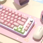 Detailed view of the enchanting Lily of the Valley PBT keycaps set, featuring exquisite purple, pink, and green dye-sub floral patterns against a clean design.