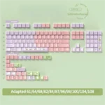 Artistic side view of enchanting PBT Lily of the Valley keycaps set, with delicate purple and pink dye-sub floral patterns on a pristine white background.