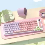Main image of enchanting Dye-Sub PBT Lily of the Valley keycaps set, featuring delicate purple, pink, and green floral art on a pristine background.