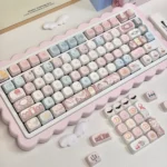 Close-up of Little Lamb MOA Keycap Set featuring whimsical little lamb, sweet dessert, and charming line art designs, showcasing their delightful themed charm.