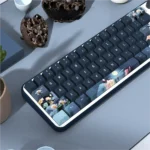 Artistic PBT Dye-Sub Moonlit Lotus Pond Keycaps set, displaying a tranquil moonlit lotus and delicate flower design on PBT from a unique, detailed view.