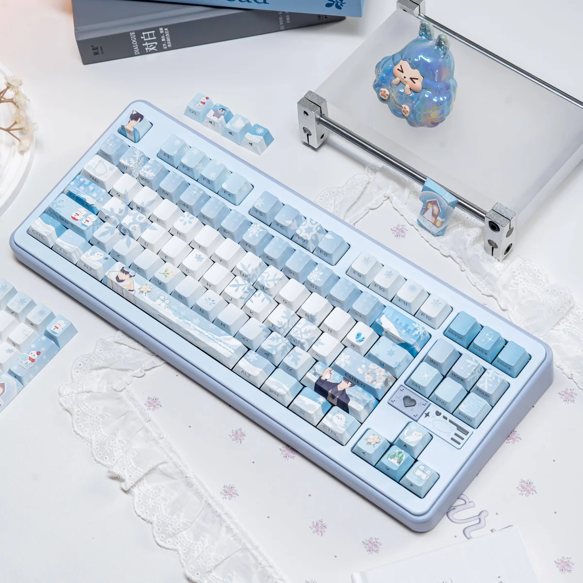 Exclusive Love Deepspace Zayne Winter keycaps set, showcasing an artistic serene icy blue and white aesthetic inspired by Zayne's elegance.