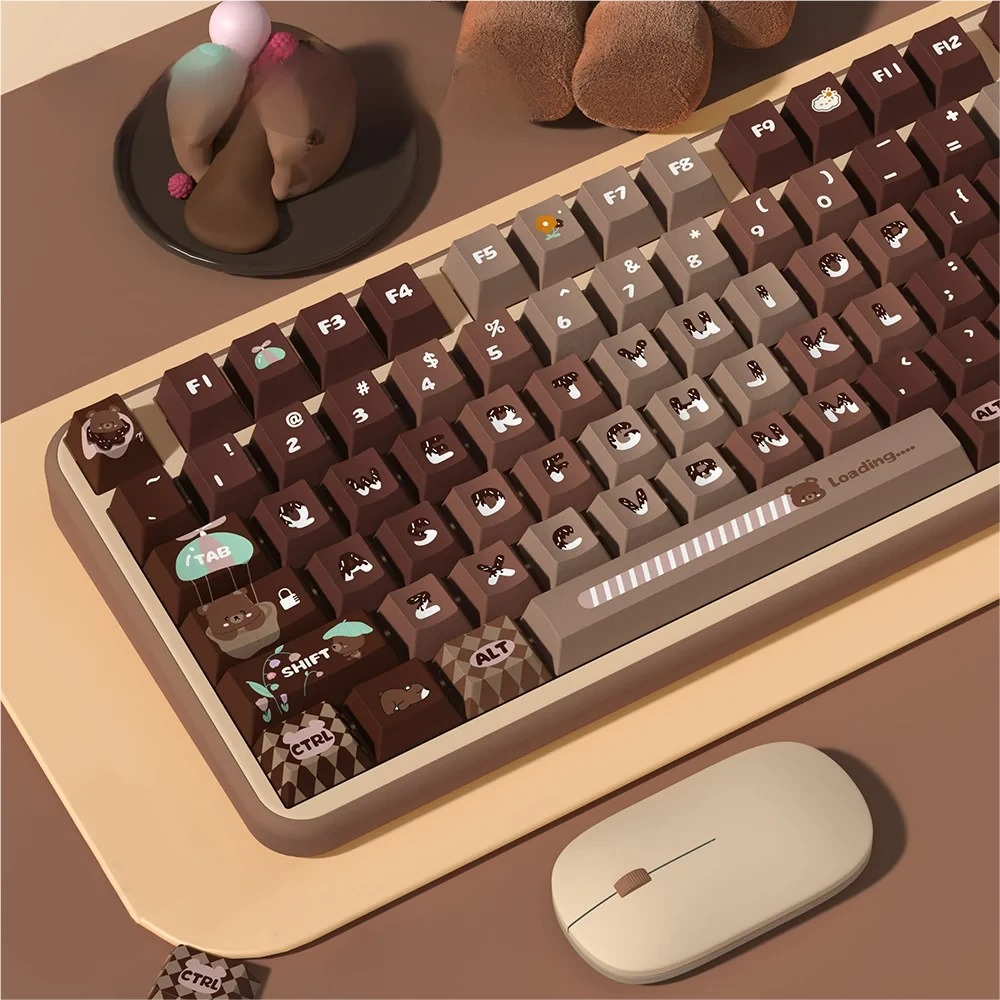 Charming Lucky Bear PBT gradient keycaps set, close-up. Adorable brown gradient and whimsical lucky bear motif. Adds cozy, playful charm to your keyboard.