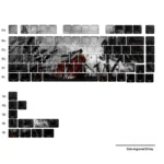 Exquisite Man Jiang Hong PBT dye-sub keycaps set, featuring deep red hues, traditional Chinese calligraphy, and minimalist side-engraved legends from various angles.