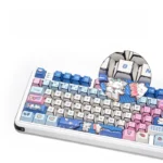 Adorable manga kitten PBT keycaps set, 128-key set, multi-angle views show vibrant, whimsical designs, durable PBT for a playful desk.
