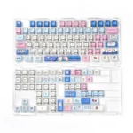 Detailed view of adorable manga kitten PBT keycaps set, highlighting their vibrant, charming designs and durable PBT. This 128-key set brings a cute design.