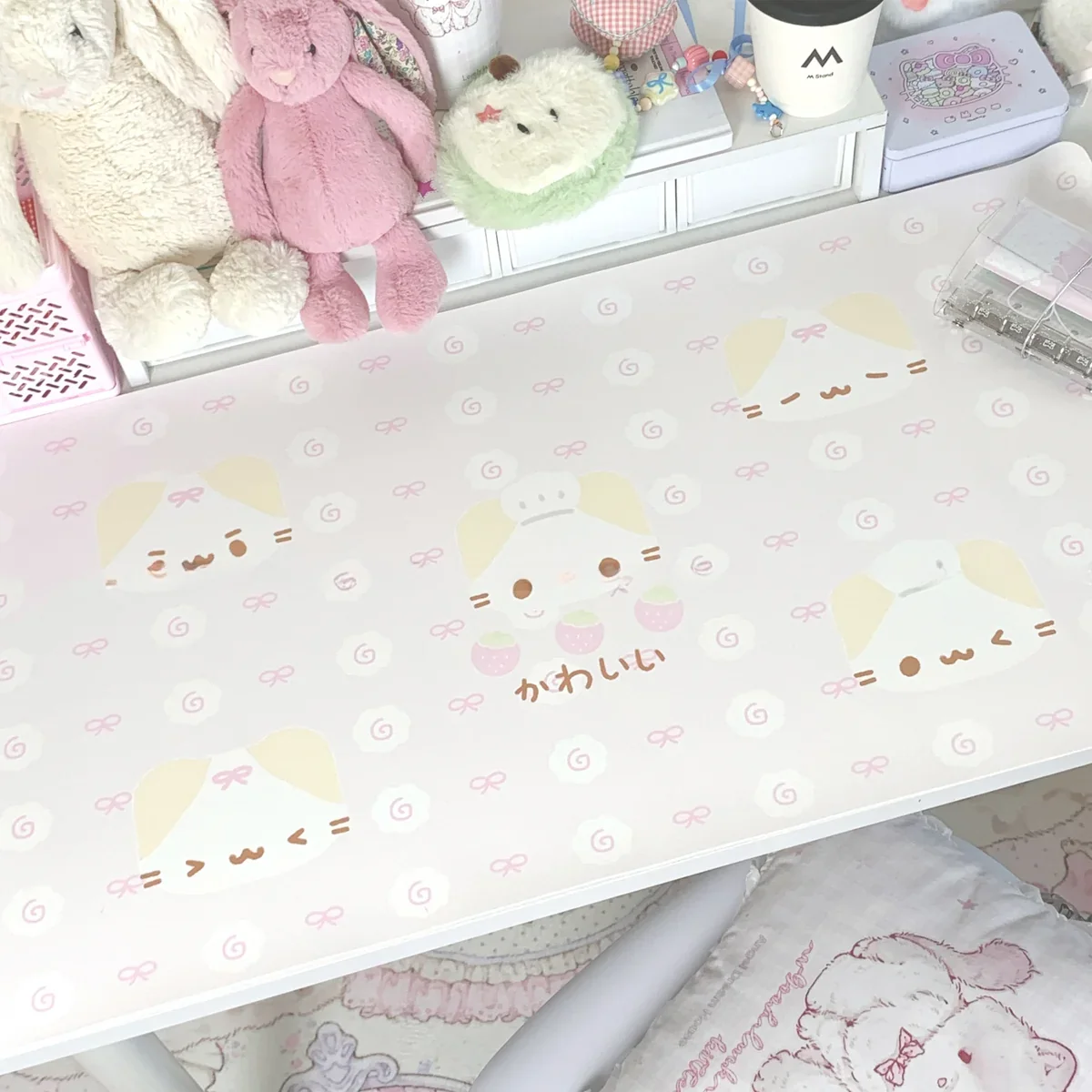 Close-up of the extra-large pink marshmallow cat desk mat, showcasing its whimsical design and soft pastel colors perfect for a dreamy workspace.