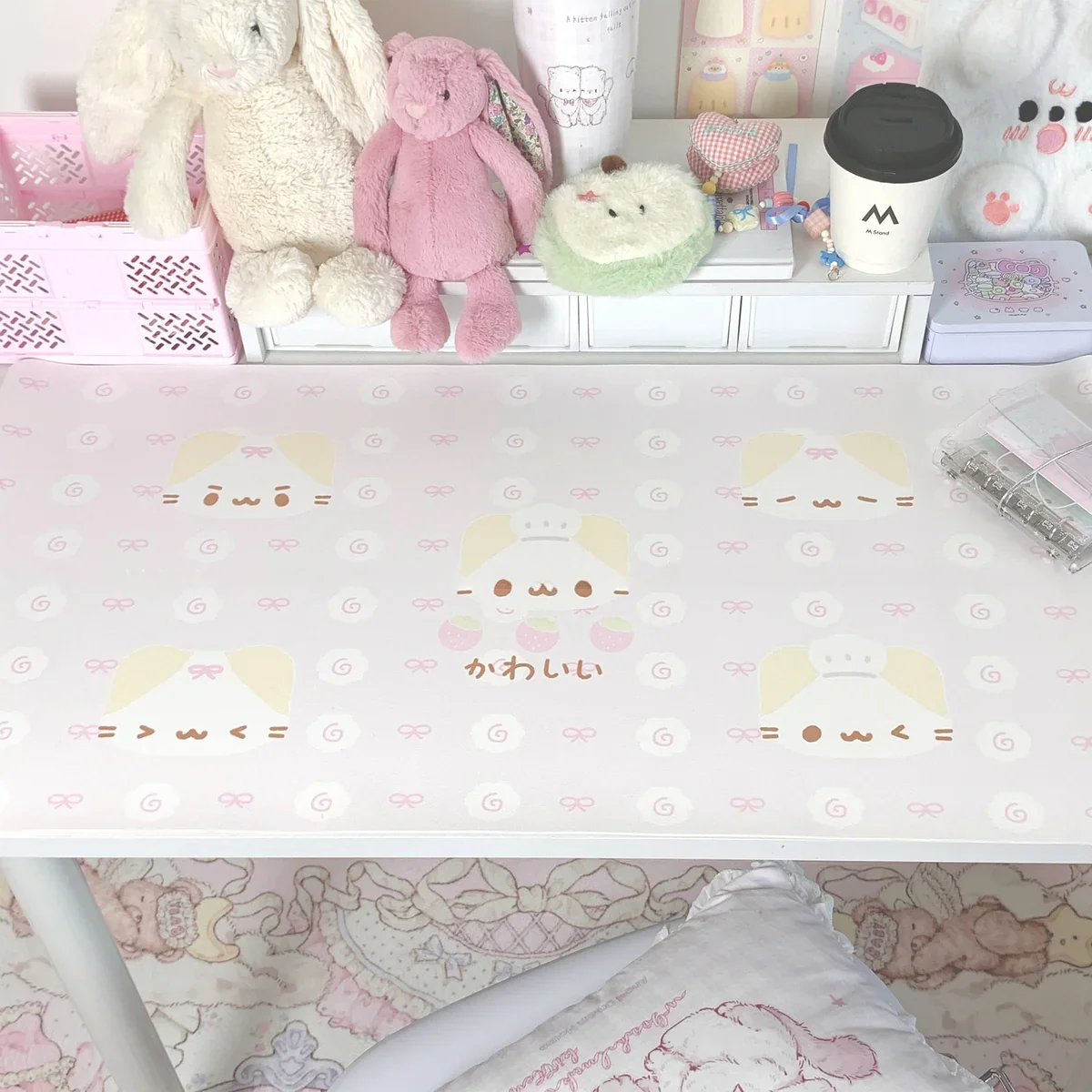 Extra-large whimsical marshmallow cat desk mat in soft pastel pink, featuring a cute, dreamy design perfect for a playful workspace.