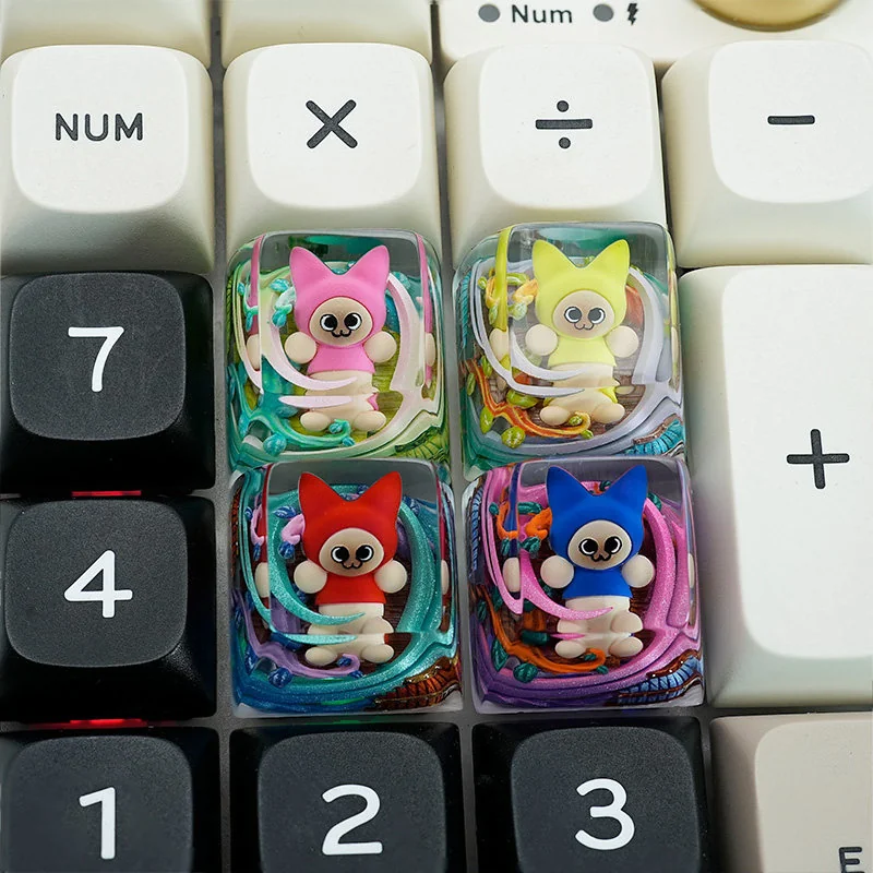 A charming, handcrafted Monster Hunter Palico keycap featuring a vibrantly sculpted Palico character, perfect for gaming enthusiasts.