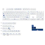 Angled shot of the Sea Moon PBT Dye-Sub keycap set, highlighting the soft, glowing designs and crisp legends. Durable and artistic design.