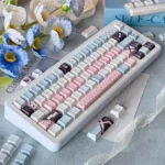 Elegant Moonlit Rose PBT dye-sub keycaps set showcasing delicate rose motifs and a romantic dark aesthetic from multiple angles.