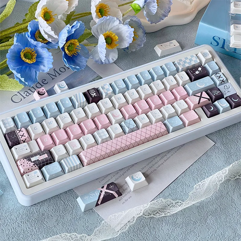 Elegant Moonlit Rose PBT Dye-sub Keycaps set, showcasing delicate rose motifs on a dark aesthetic, illuminated by a gentle moonlit glow.