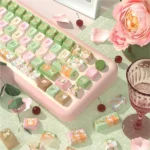 Exquisite Mucha Garden Art Nouveau Keycaps Set showcases ethereal floral and garden motifs from various angles, reflecting vintage style.