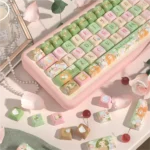 Mucha Garden Keycaps set, an exquisite Art Nouveau design with intricate floral and ethereal garden motifs, captured from various angles.