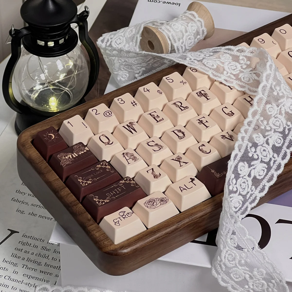 Exquisite Music Rose PBT Dye-Sub Keycap Set featuring delicate rose and musical motifs, captured from various artistic angles, embodying romantic elegant.
