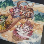 Angled view of the exquisite mythical Monster scroll desk mat, showcasing a majestic Chinese mythical beast in ancient art style, an artistic portal to your desk.