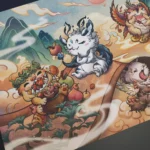 Detailed view of the mythical Monster scroll desk mat, revealing a section of the exquisite ancient Chinese mythical beast art in traditional scroll painting.