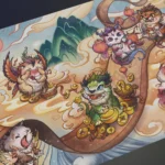 Exquisite mythical Monster scroll desk mat, angled view. Details reveal vibrant traditional Chinese mythical beasts in ancient scroll painting, a desk portal.