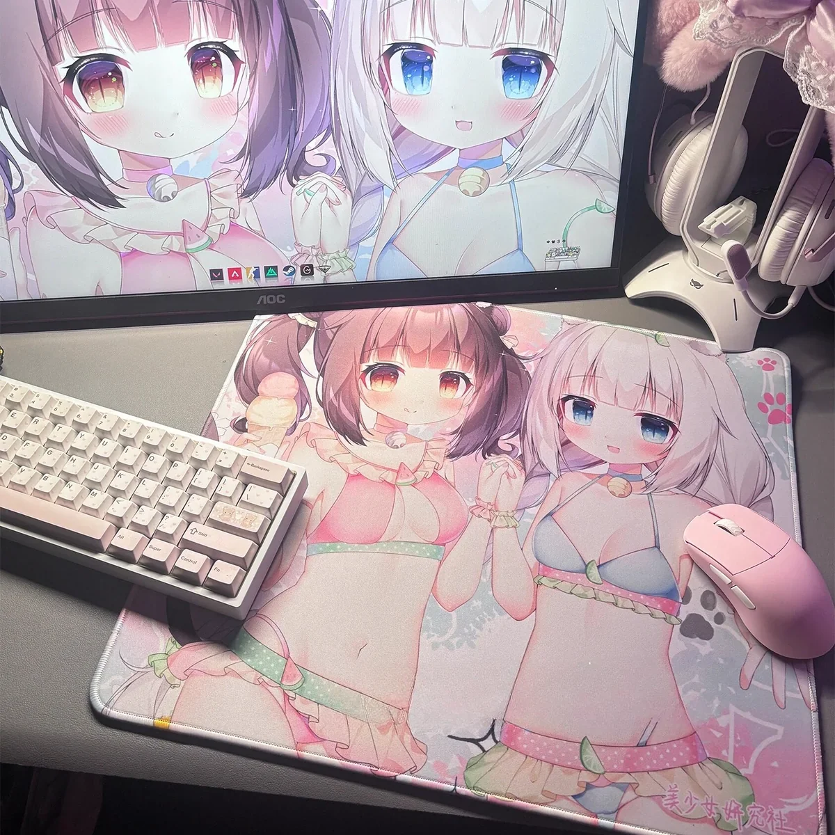 Close-up of the exclusive Nekopara Characters gaming mousepad, showcasing its vibrant characters and joyful summer scene from a unique artistic.