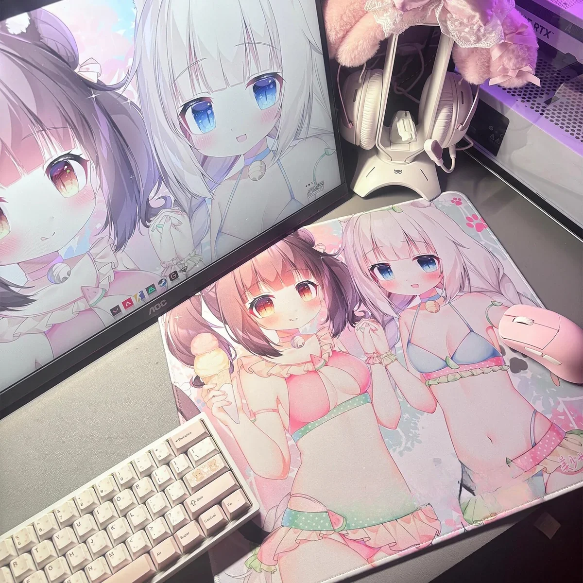 Close-up of the exclusive Nekopara Characters Gaming Mousepad, highlighting the vibrant artwork and playful catgirl characters enjoying design.