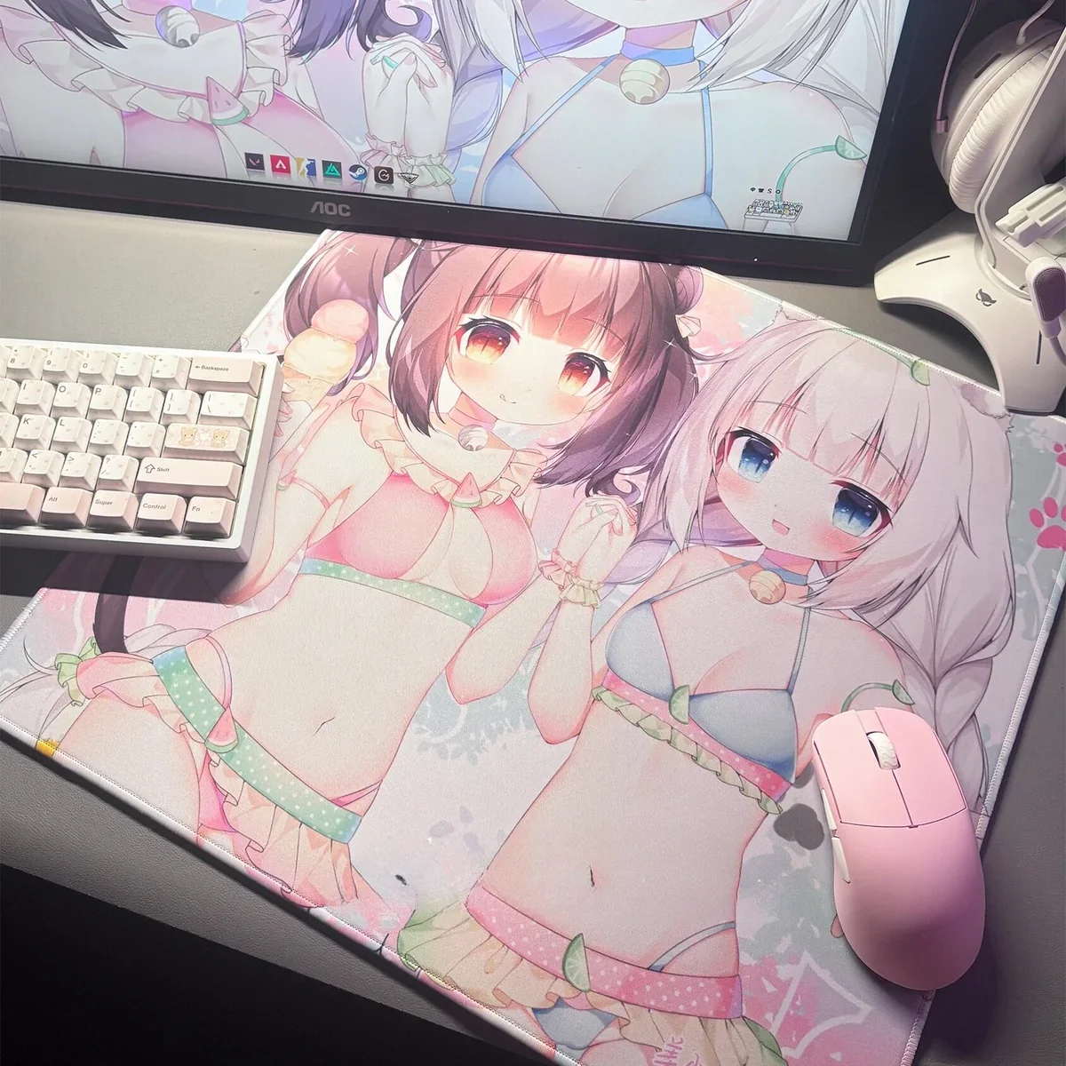 Exclusive Nekopara characters gaming mousepad, showcasing vibrant catgirl characters enjoying a joyful summer scene for gamers.