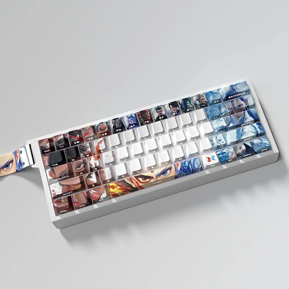 Artistic gallery of Nezha Mythical PBT backlit side-engraved keycaps set, revealing vibrant Chinese mythological designs and glowing legends from diverse design.