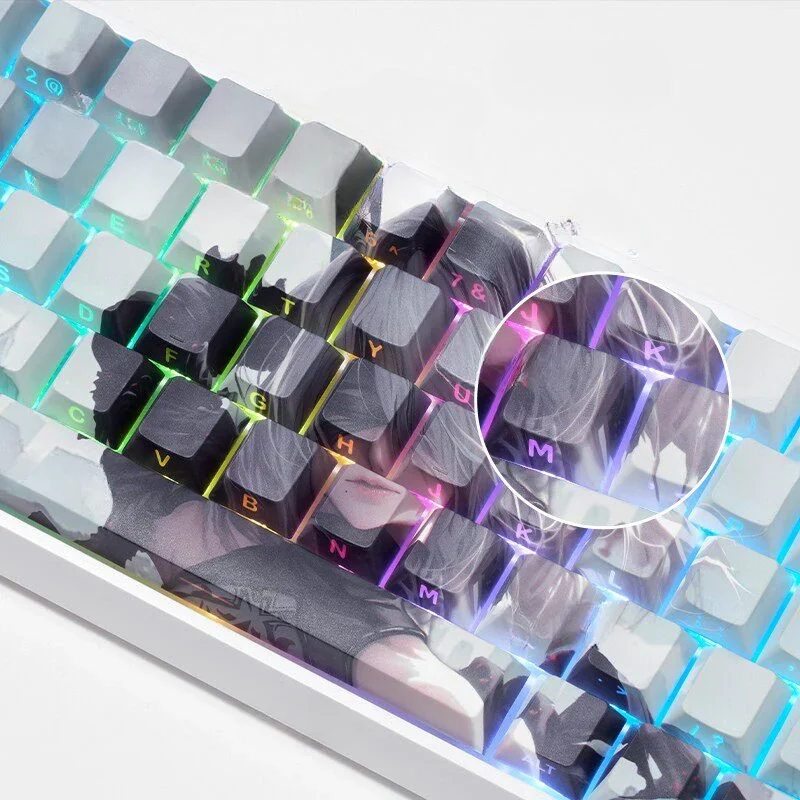 NieR Automata 2B side-lit PBT keycaps set viewed from a dynamic angle, highlighting their dystopian elegance and futuristic mechanical details.