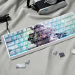 NieR Automata 2B side-lit PBT keycaps set, displaying dystopian elegance and the iconic character design against a dark, mechanical backdrop.