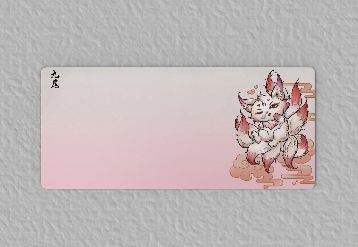 Close-up of the Nine-tailed Fox Mousepad & Desk Mat, showcasing its exclusive mythical art and intricate ancient Chinese folklore design for a mystical desk aesthetics.