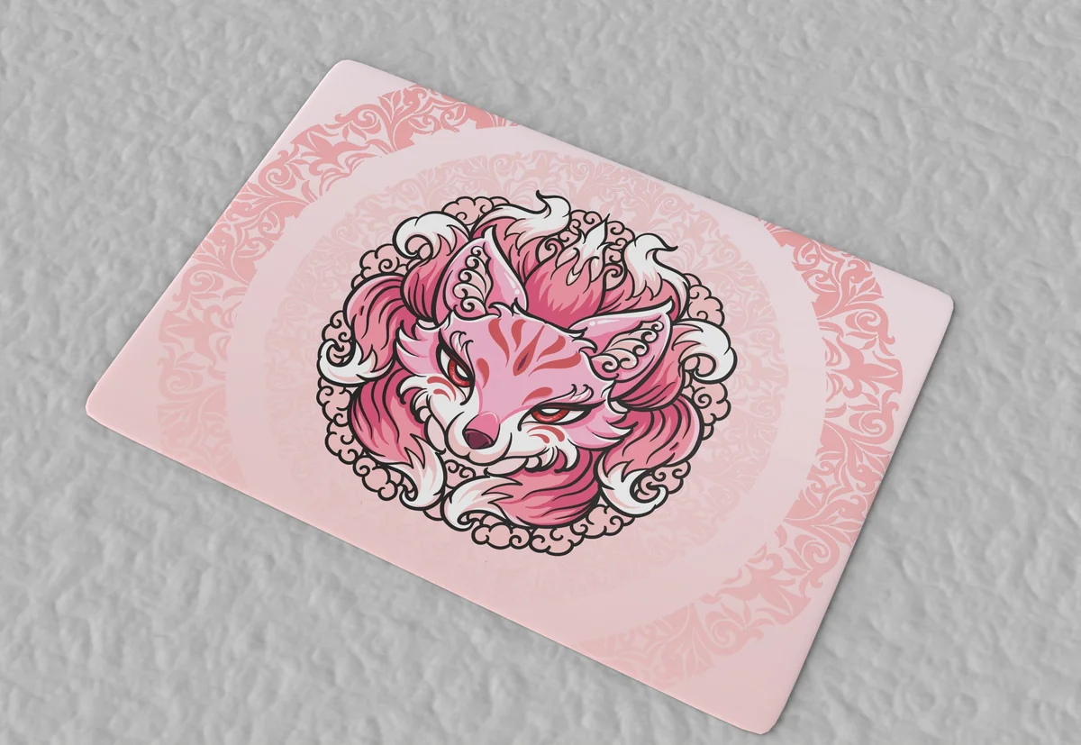 Angled view of the Nine-tailed Fox Mousepad & Desk Mat, displaying its exclusive mythological art and enchanting ancient Chinese folklore design, creating a mystical design.