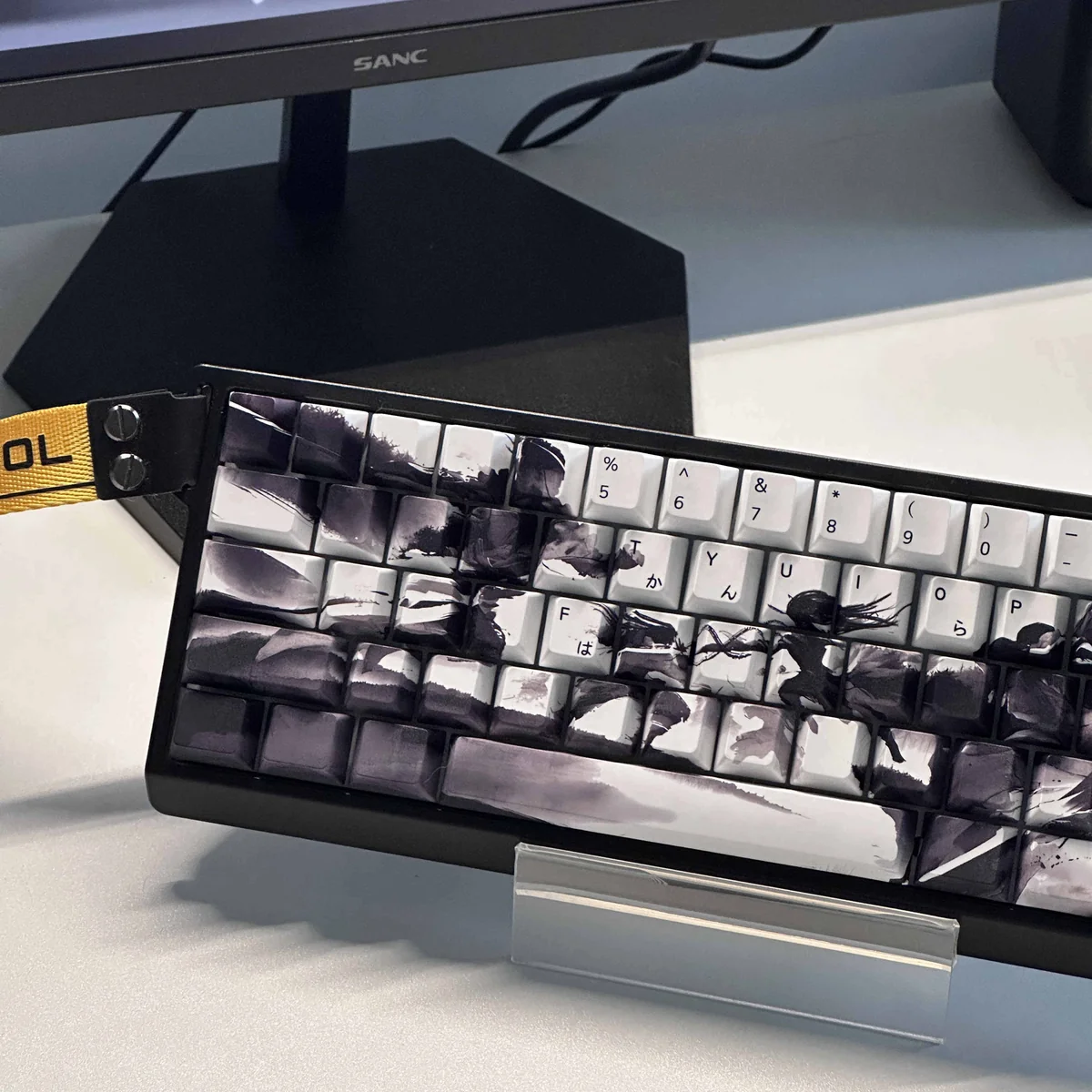 Alternate view of unique Ninjutsu PBT dye-sub keycaps set, revealing dark, mystical Japanese scroll motifs and ancient artistic symbols.