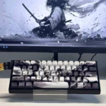 Ninjutsu PBT Keycaps Set, a unique dye-sub set, displaying stylized Japanese ninjutsu scroll motifs, ancient symbols, and a dark, mystical aesthetic.