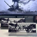 Unique Ninjutsu PBT Keycaps set, showcasing a dark, mystical aesthetic with stylized Japanese scroll motifs and ancient symbols for stealth and precision design.