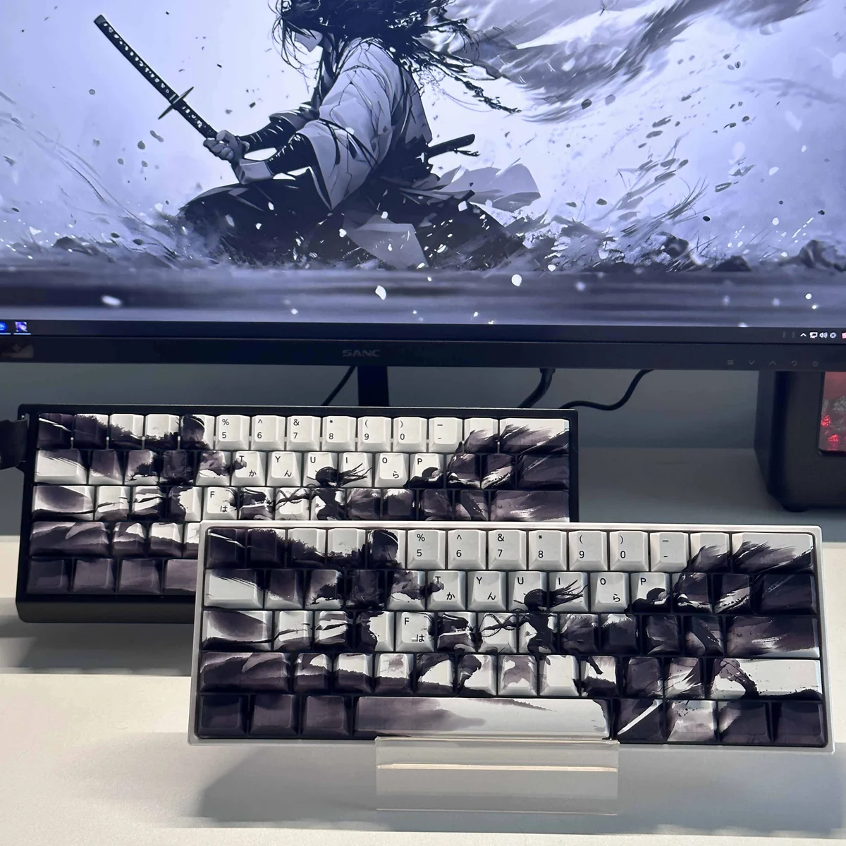 Unique Ninjutsu PBT Keycaps set, showcasing a dark, mystical aesthetic with stylized Japanese scroll motifs and ancient symbols for stealth and precision design.