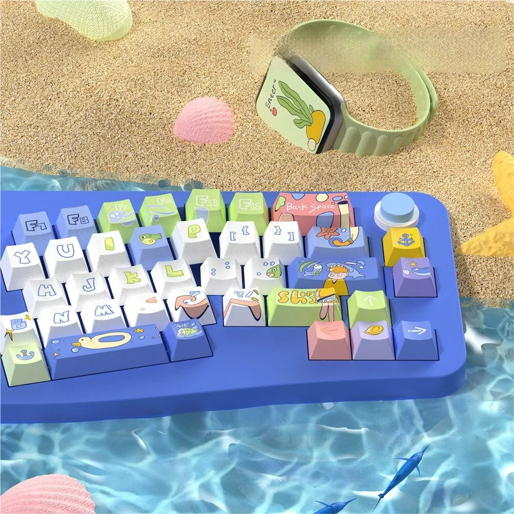 Detailed view of the serene ocean themed PBT dye-sub keycaps set, showcasing tranquil blue and white wave patterns and subtle marine motifs.