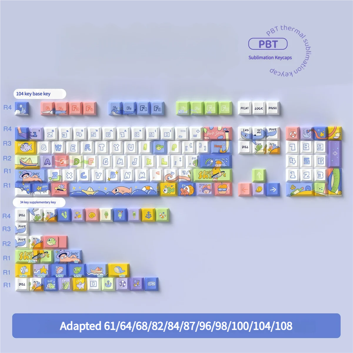 Ocean themed PBT dye-sub keycaps set in tranquil blue and white. Marine motifs and wave patterns create an immersive, artistic aesthetic.