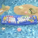 Serene ocean themed PBT dye-sub keycaps set showcasing tranquil blue and white wave patterns, creating an immersive desktop aesthetic.