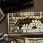 Close-up of Old World keycaps set: Vintage Explorer PBT dye-sub set, highlighting intricate map-inspired designs and weathered antique textures.