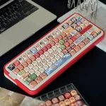 Close-up of the complete One Piece Straw Hat PBT keycap set, showcasing vibrant anime characters and symbols from various angles, ready for adventure touch.
