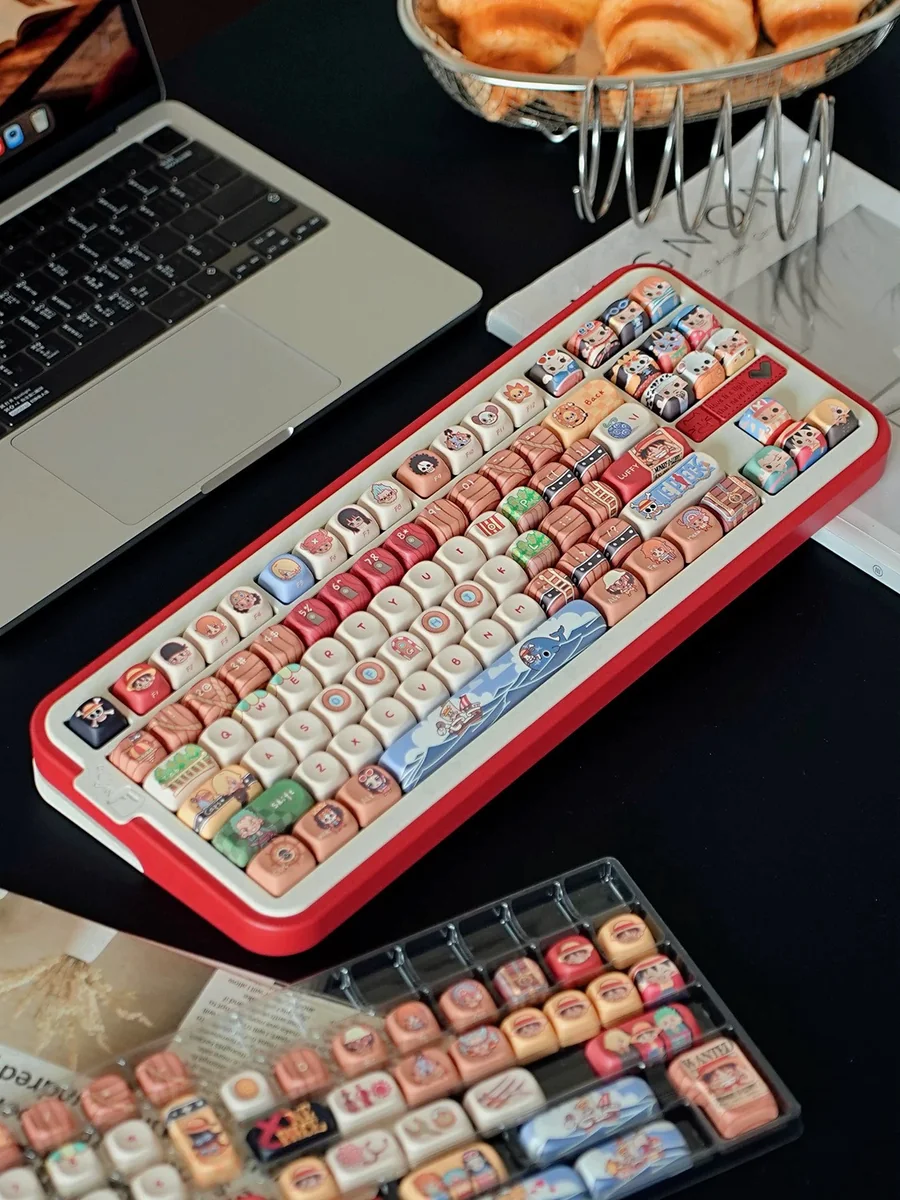 Close-up of the complete One Piece Straw Hat PBT keycap set, showcasing vibrant anime characters and symbols from various angles, ready for adventure touch.