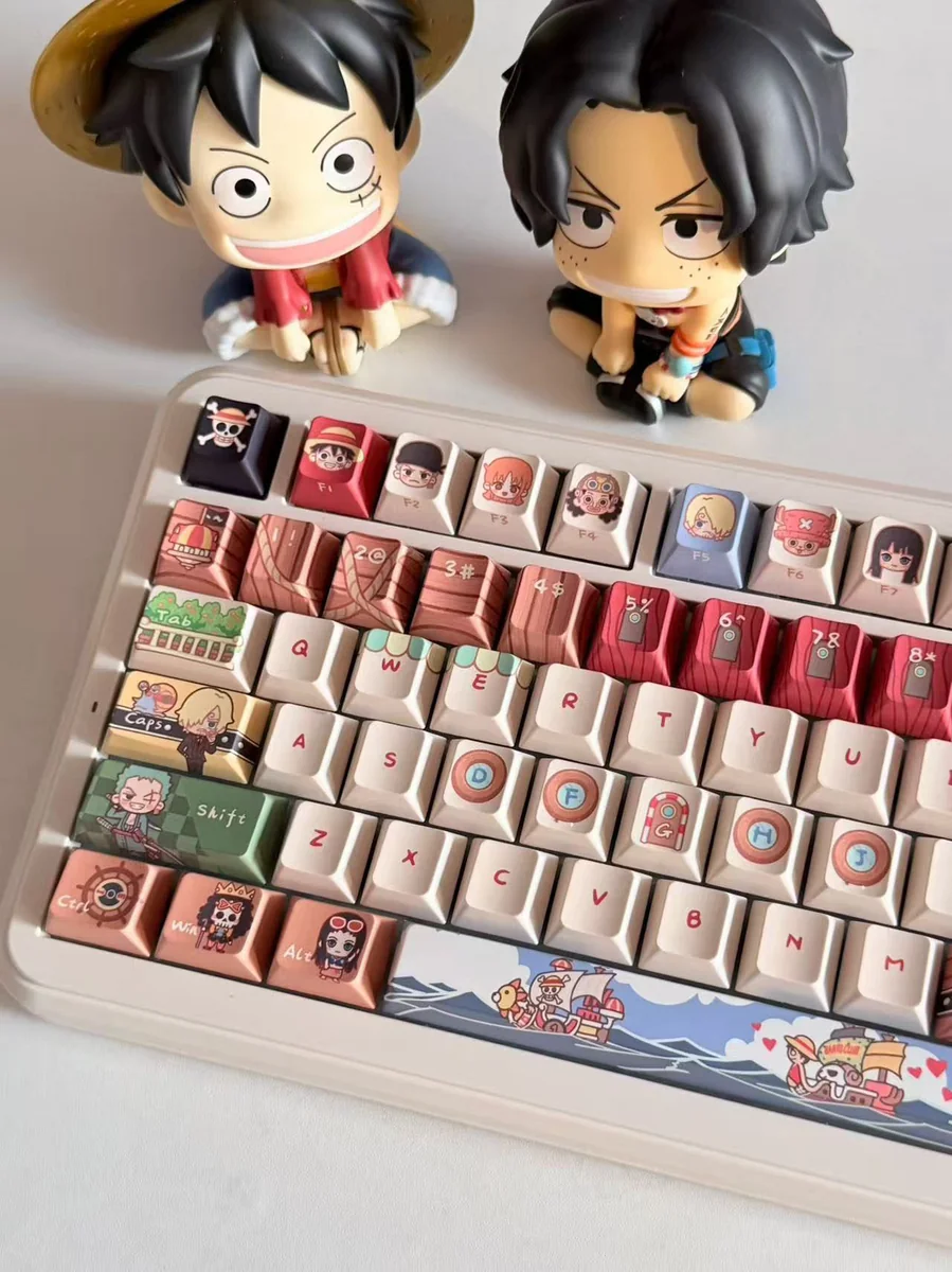 Vibrant One Piece Straw Hat PBT keycaps set showcasing the complete set from multiple angles, featuring playful characters and iconic symbols for an adventure feel.