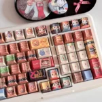 Detailed gallery views of the complete One Piece Straw Hat PBT keycap set. Vibrant, iconic anime characters and symbols from playful angles.