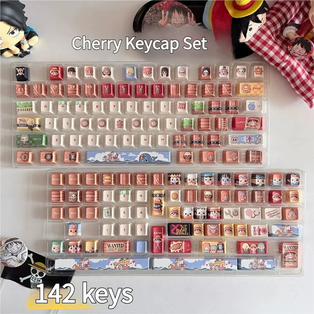 Vibrant PBT keycap set featuring the complete iconic One Piece Straw Hat Crew, perfect for a playful keyboard adventure.