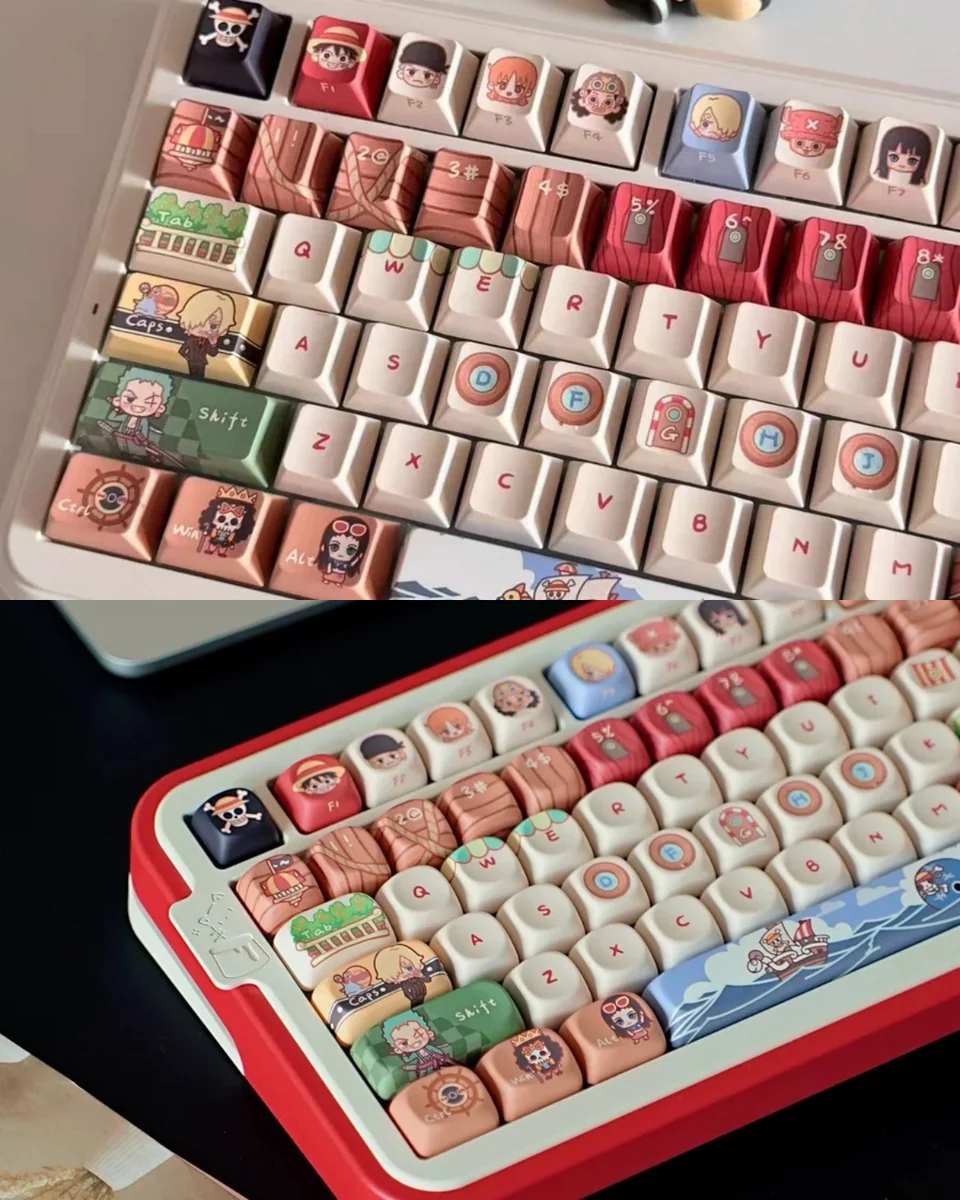 Vibrant One Piece Straw Hat PBT keycap set. Complete PBT One Piece keycaps featuring iconic Straw Hat Crew characters and symbols for an adventurous motifs.