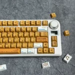 Multiple views of vibrant orange PBT keycaps set for mechanical keyboards. Highlights crisp dye-sub legends, durable PBT construction, and premium Cherry profile.